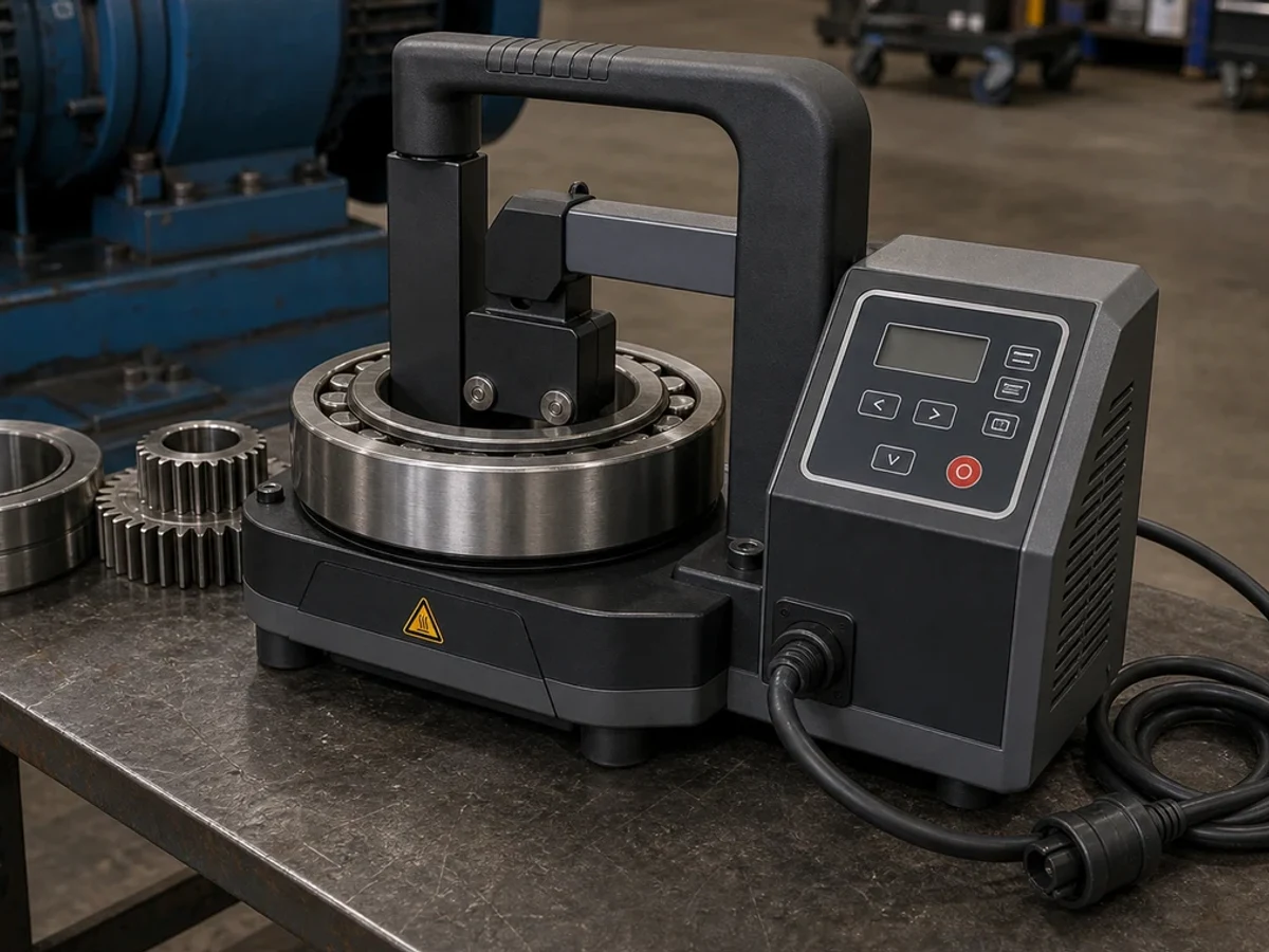 Representative image of a portable bearing induction heater: Workshop and scale context